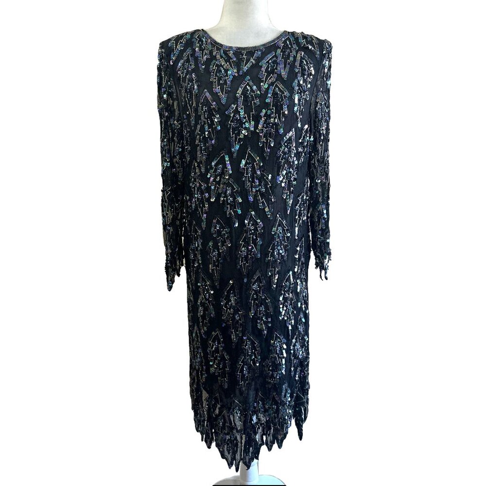 Scarlet Rage Black Silk Vintage 80s Sequin Formal Evening Dress